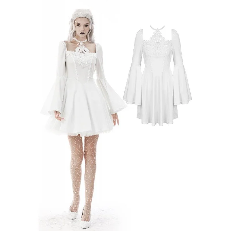 Mini Dresses in Knit Cotton -Women's Gothic Flared Sleeved Floral Embroidered Wedding Dress White