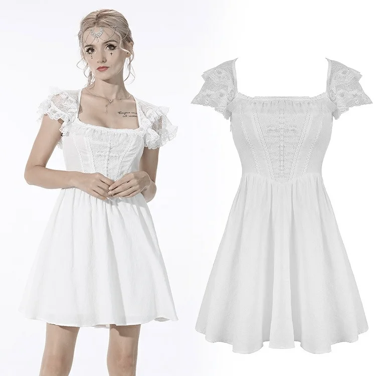 Mini Dresses in Light Wool -Women's Gothic Layered Collar Strappy White Dress