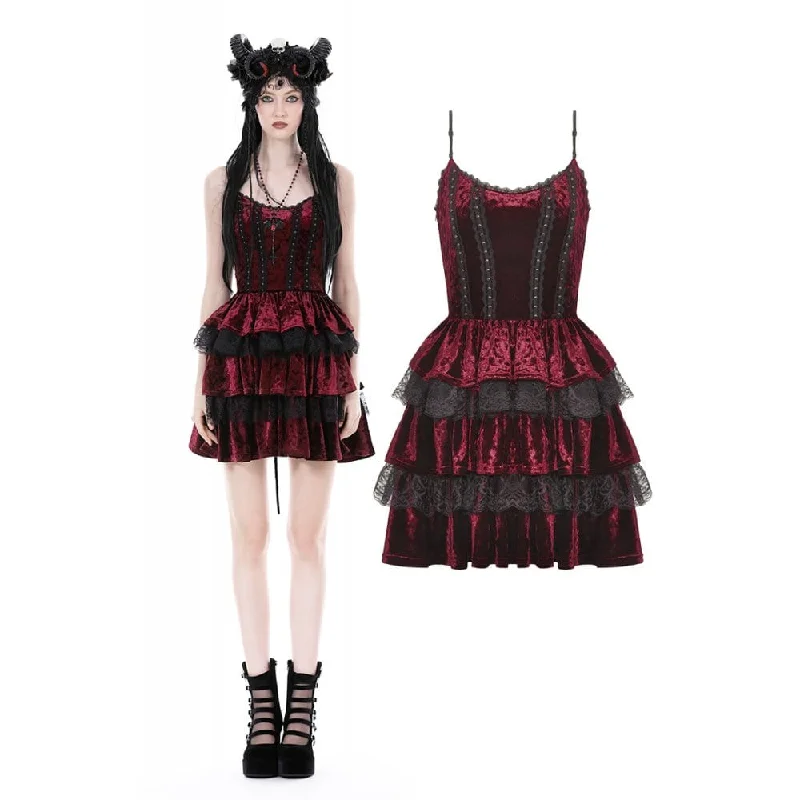 Mini Dresses in Plush Texture -Women's Gothic Layered Lace Splice Velvet Slip Dress