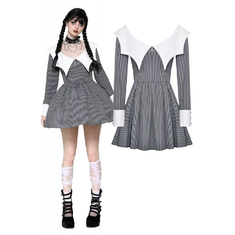 Mini Dresses with V-Neck Styles -Women's Gothic Lolita Bat Striped Short Dress Gray White