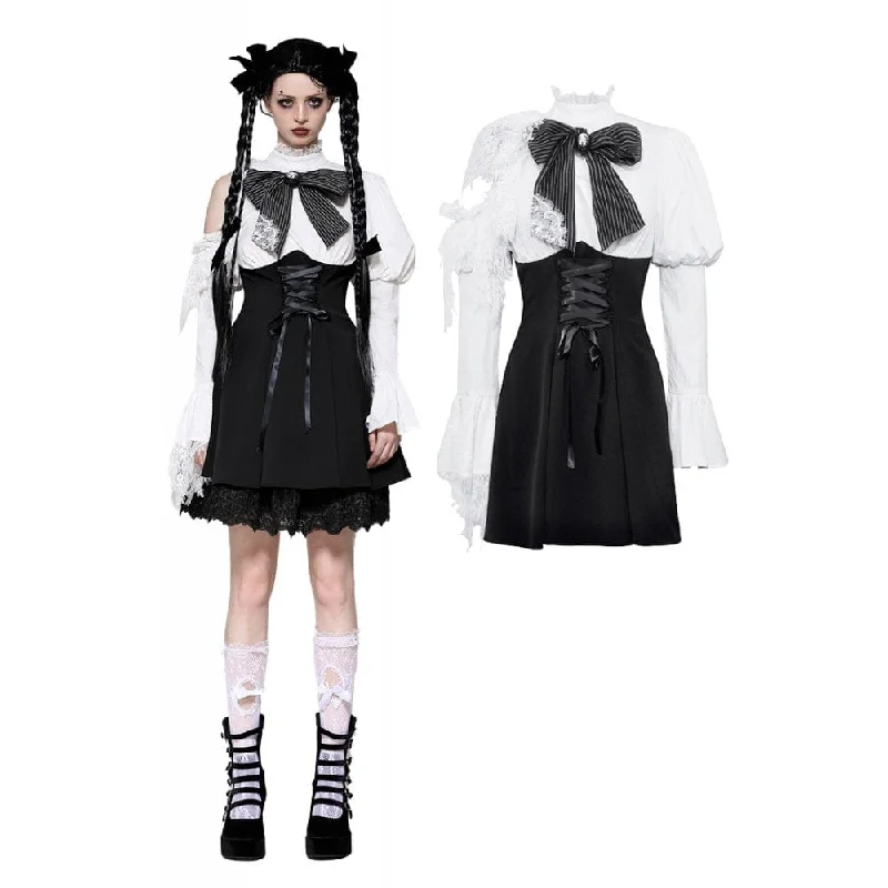 Mini Dresses for Friend Fun -Women's Gothic Lolita Bowknot Short Dress Black White