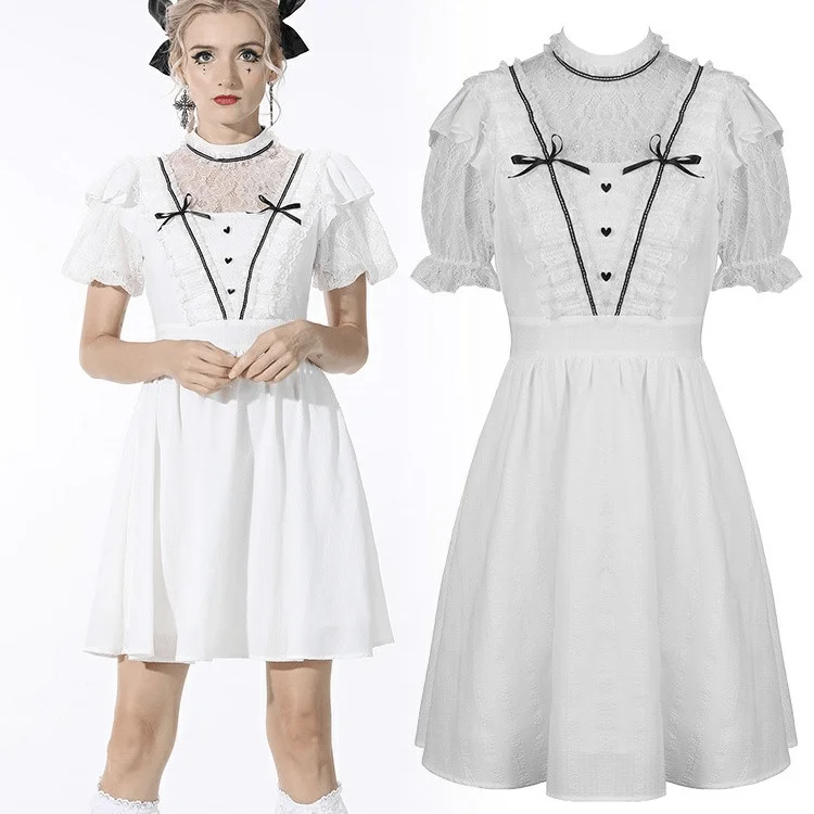 Mini Dresses in Soft Wool -Women's Gothic Puff Sleeved Bowknot White Dress