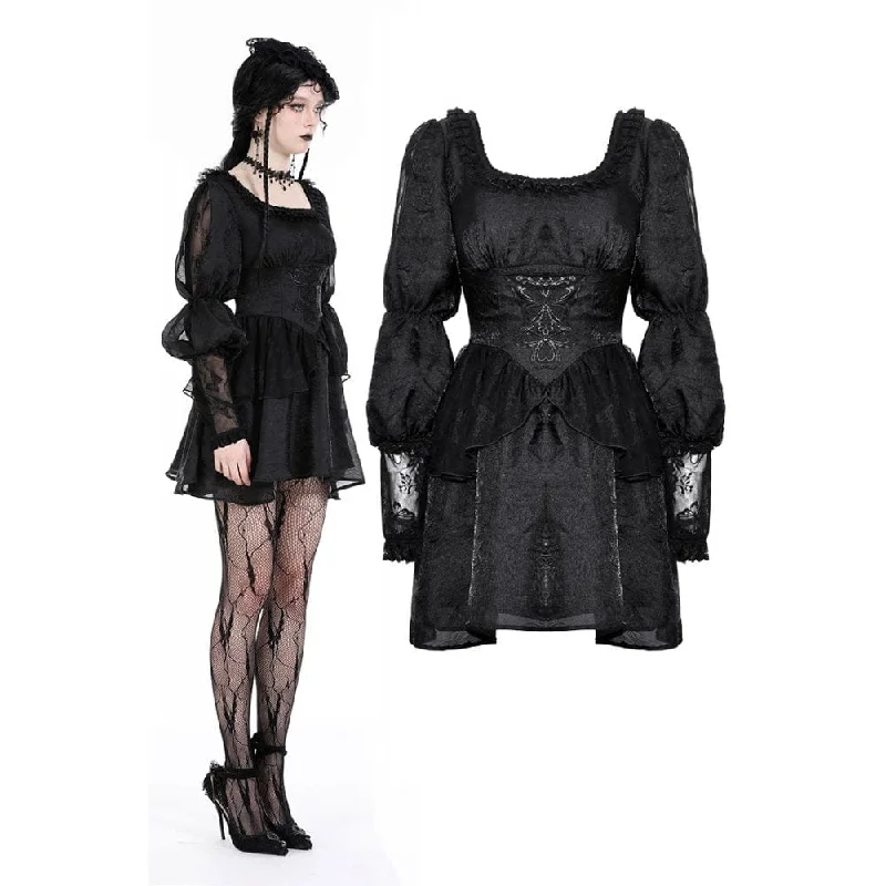 Mini Dresses in Matte Texture -Women's Gothic Puff Sleeved Mesh Splice Dress