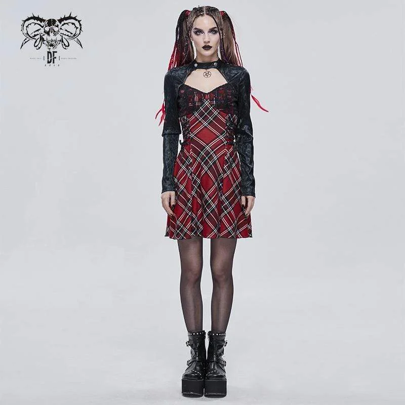 Mini Dresses in Smooth Silk -Women's Gothic Strappy Cutout Splice Plaid Dress