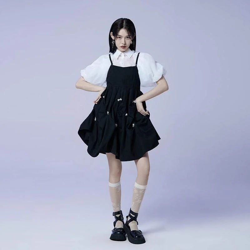 Mini Dresses with Scoop Edges -Women's Lolita Bowknot Multilayer Black Slip Dresses