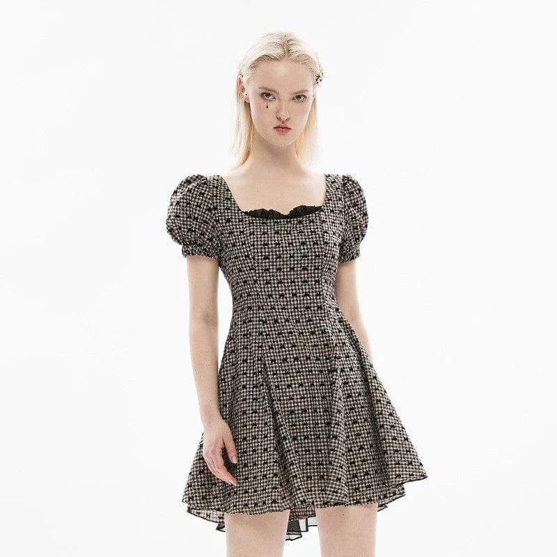 Mini Dresses in Gentle Shine -Women's Lolita Bowknot Plaid Puff Sleeved Dress