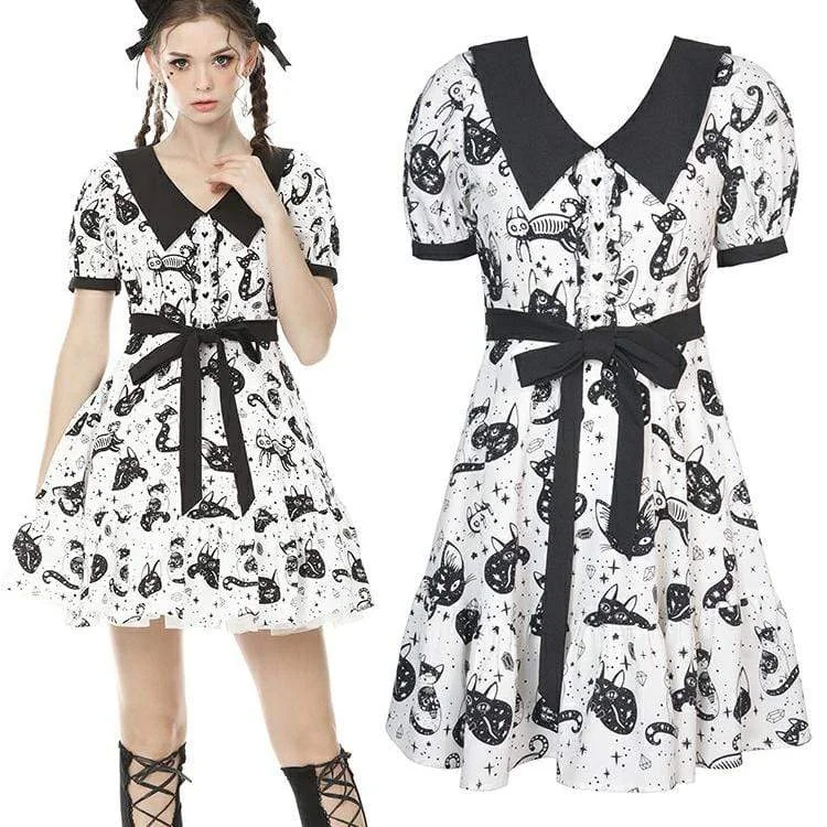 Mini Dresses with Lace Edges -Women's Lolita Cat Printed Peter Pan Collar Short Dresses with Belt