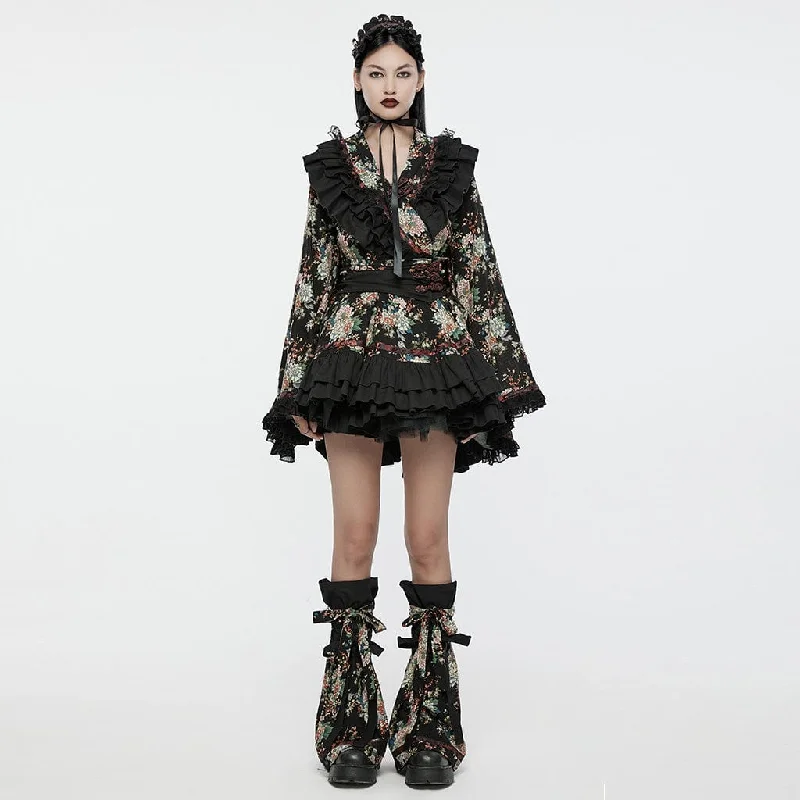 Mini Dresses for Casual Drinks -Women's Lolita Floral Printed Ruffled Kimono Dress Set