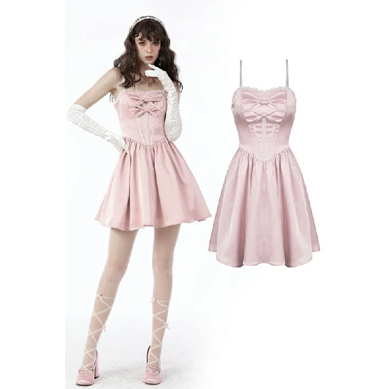 Mini Dresses in Bold Silk -Women's Lolita Pink Bowknot Slip Dress