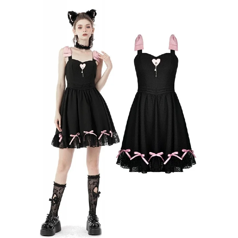 Mini Dresses in Thin Velvet -Women's Lolita Pink Bowknots Lace Slip Dress