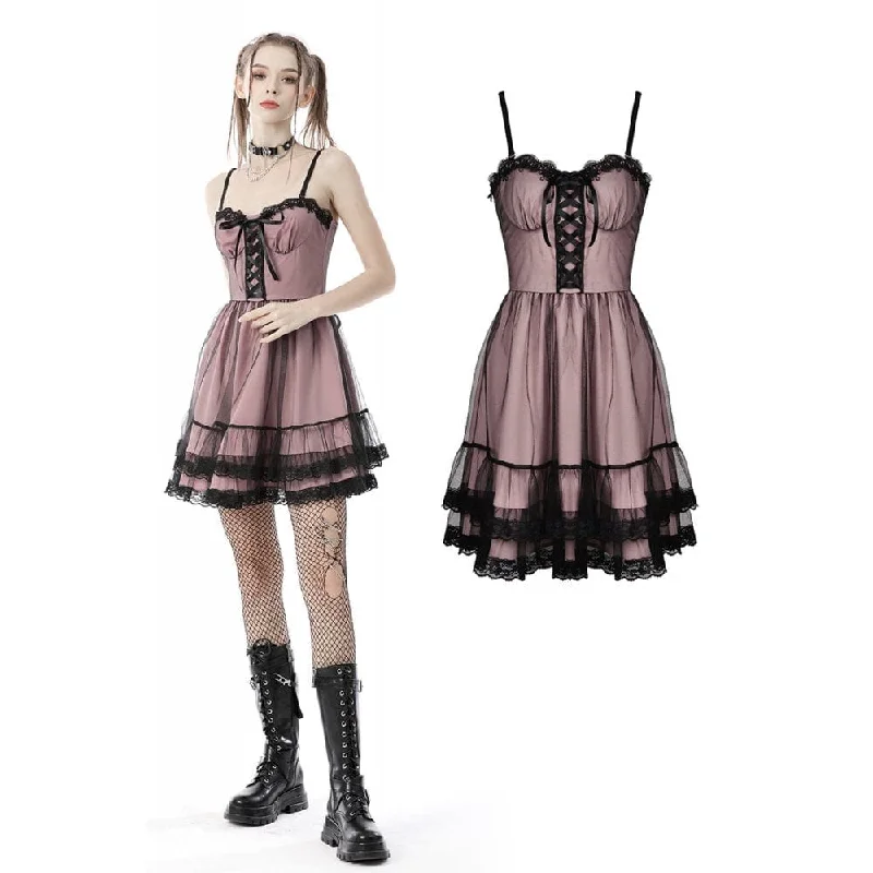 Mini Dresses in Chevron Prints -Women's Lolita Pink Multilayer Slip Dress