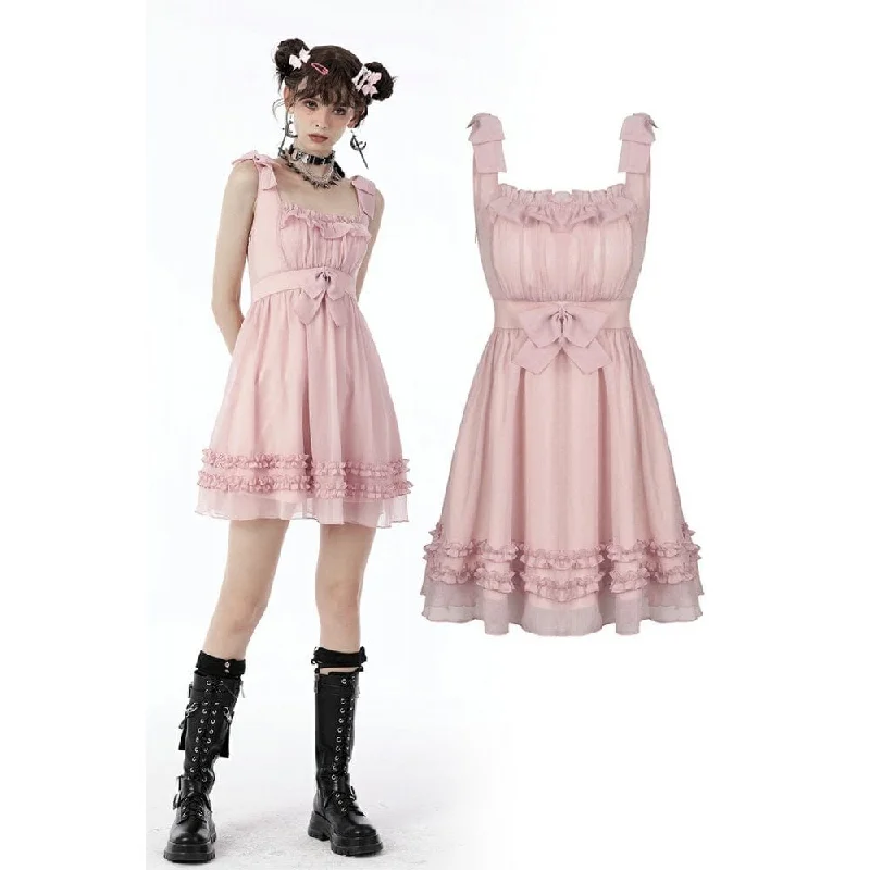 Loose Mini Dresses for Everyday Comfort -Women's Lolita Pink Ruffles Bowknot Slip Dress