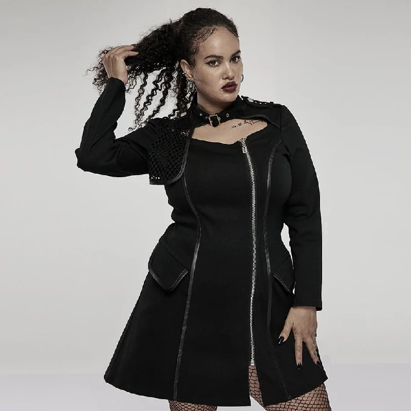 Mini Dresses for House Gatherings -Women's Plus Size Punk Military Style Side Zip Long Sleeved Dress