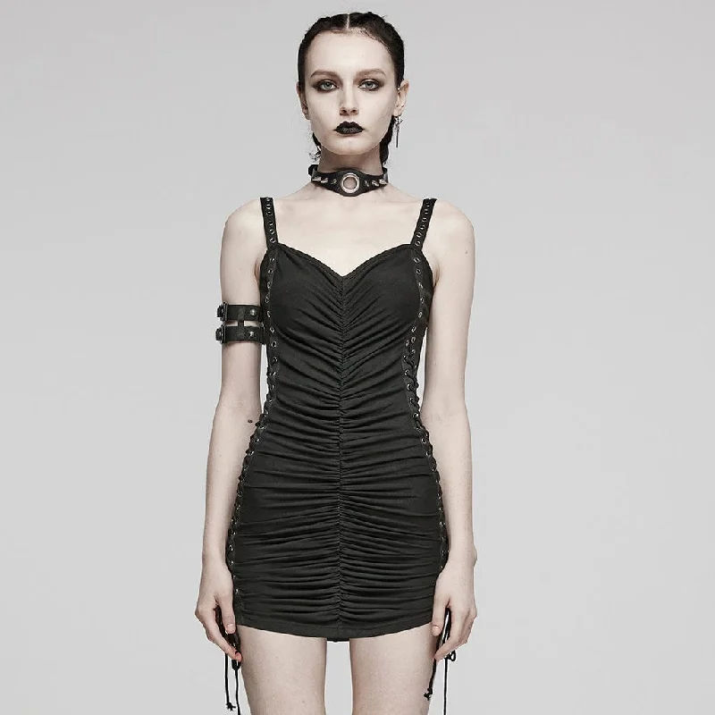 Mini Dresses in Textured Material -Women's Punk Buckle Lace-Up Distressed Slip Dress Black