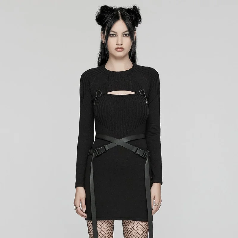 Mini Dresses in Neutral Shades -Women's Punk Buckle Two-piece Knitted Music Festival Dress