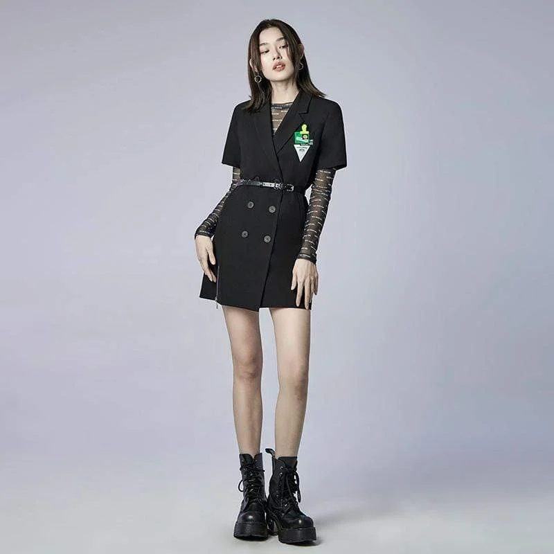 Mini Dresses in Rich Silk -Women's Punk Double-breasted Suit Dress with Metal Chain Belt