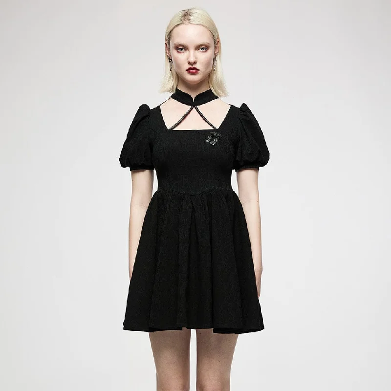 Mini Dresses in Neon Shades -Women's Punk Halterneck Puff Sleeved Jacquard Black Little Dress