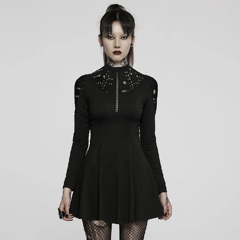 Mini Dresses in Plaid Designs -Women's Punk High Collar Ripped Long Sleeved Black Little Dress