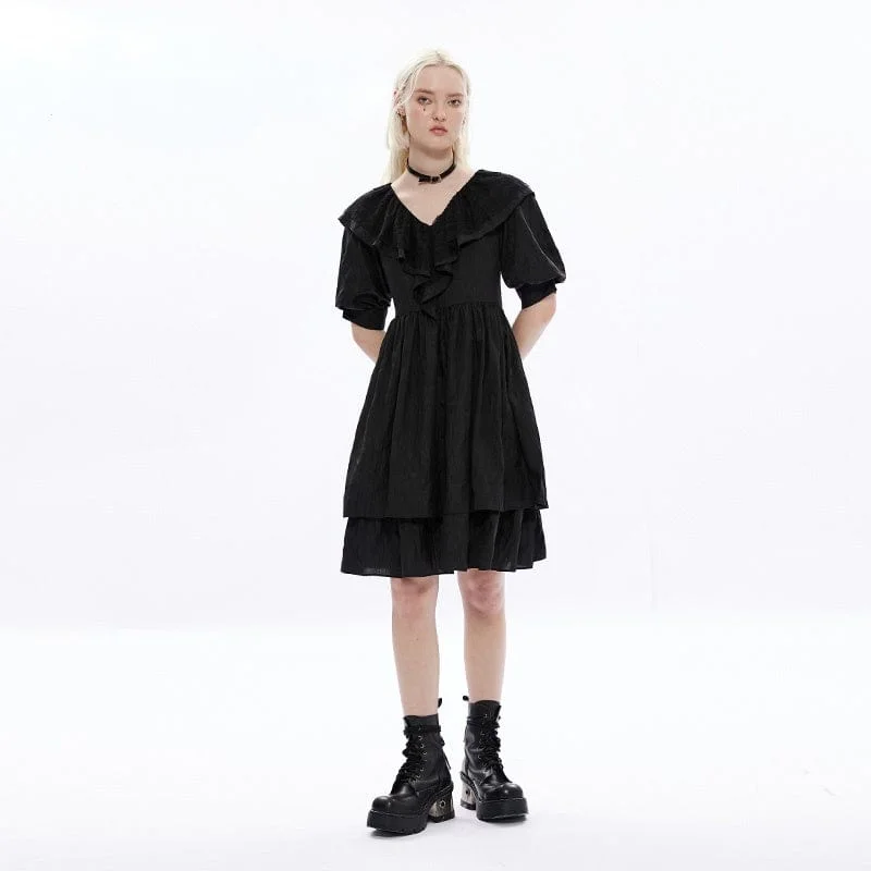 Mini Dresses for Concert Nights -Women's Punk Hooded V-neck Black Little Dress