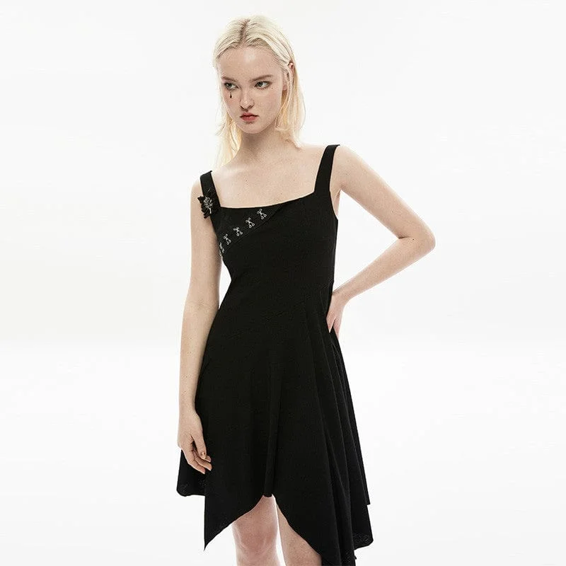 Mini Dresses with Knotted Ties -Women's Punk Irregular Hem Black Slip Dress