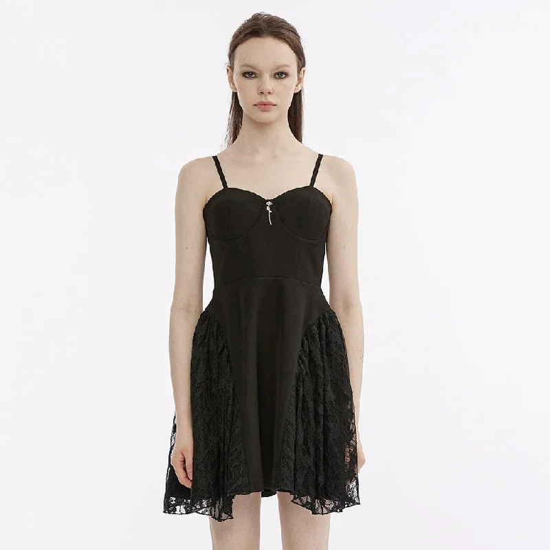 Mini Dresses in Light Satin -Women's Punk Lace Splice Slip Dress