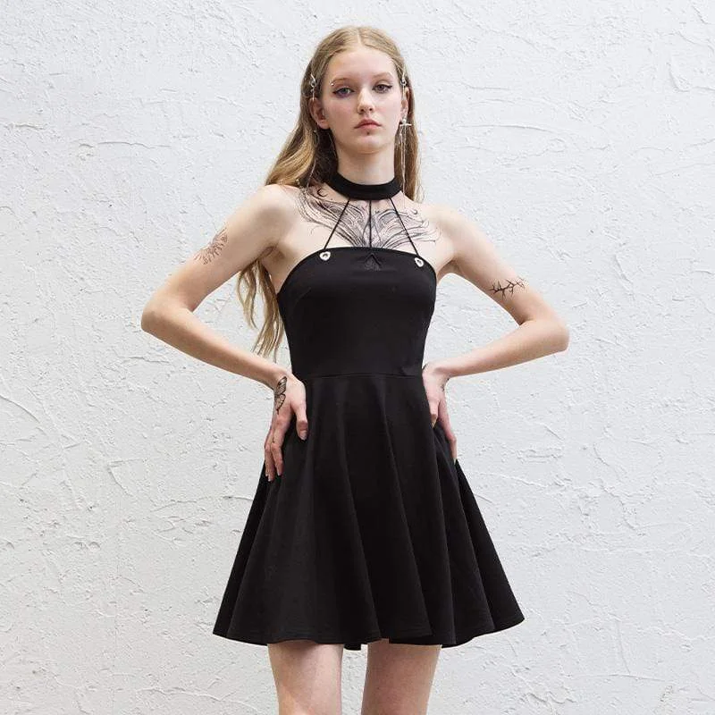 Mini Dresses in Retro Hues -Women's Punk Love Heart Halterneck Black Little Dresses