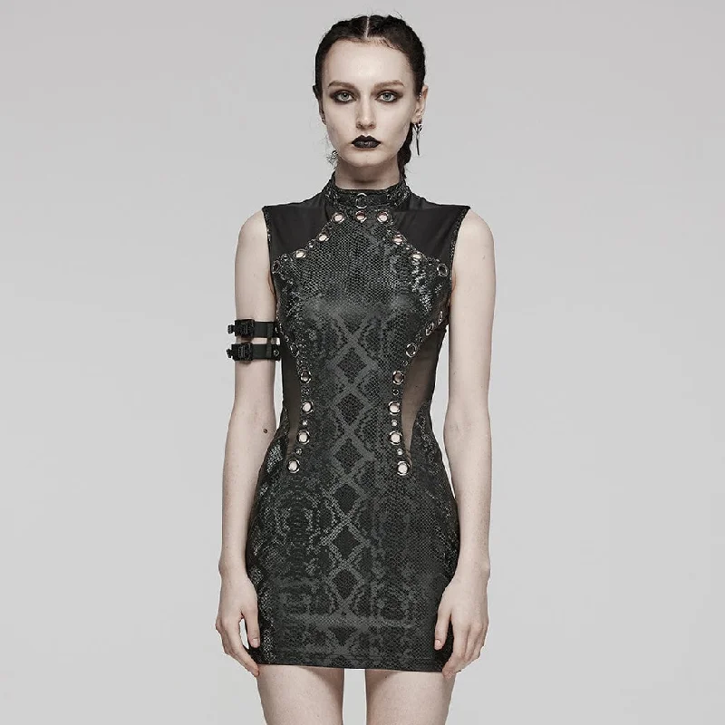 Mini Dresses in Crinkled Fabric -Women's Punk Mesh Ring Cutout Sleeveless Short Dress