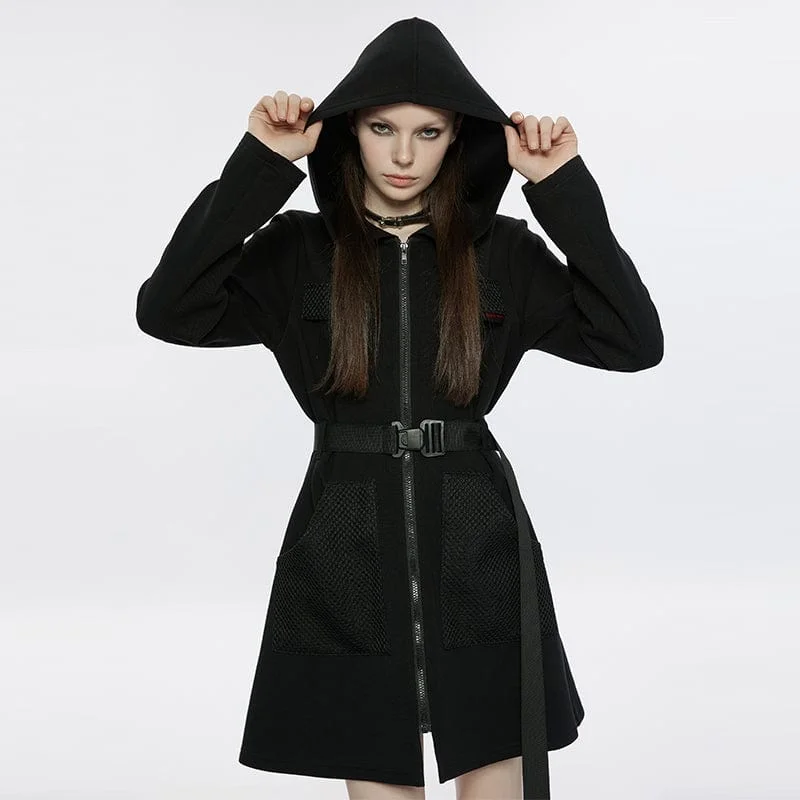 Mini Dresses in Matte Silk -Women's Punk Mesh Splice Dress with Hood and Belt