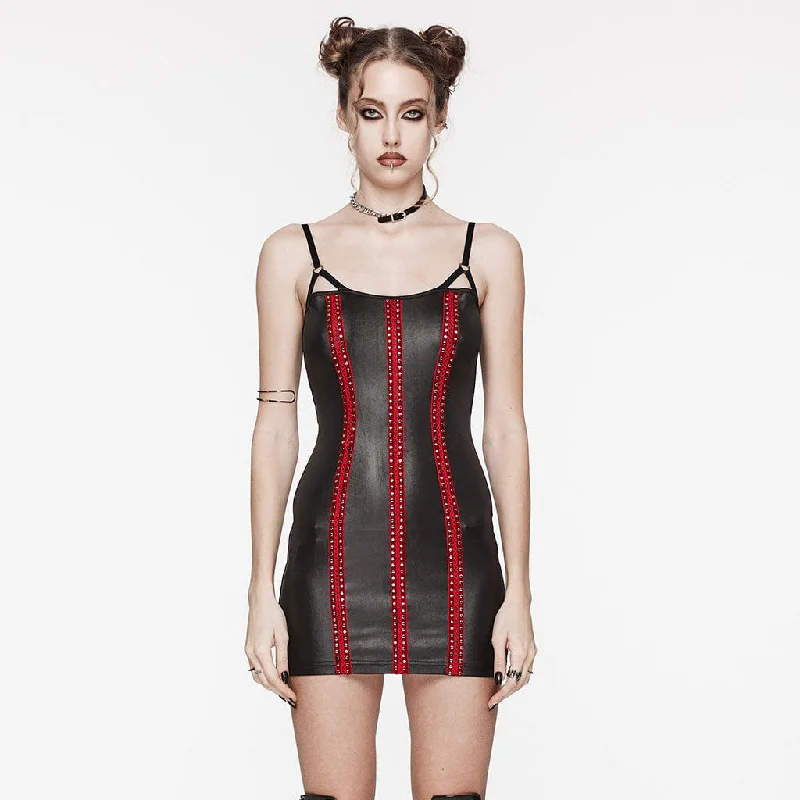 Mini Dresses with Button Details -Women's Punk Nailed Lace-up Slip Dress Red