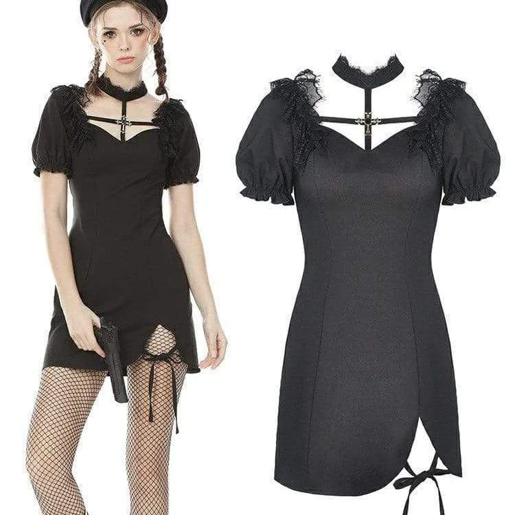 Mini Dresses with Side Backs -Women's Punk Puff Sleeved Cross Halterneck Black Little Dresses