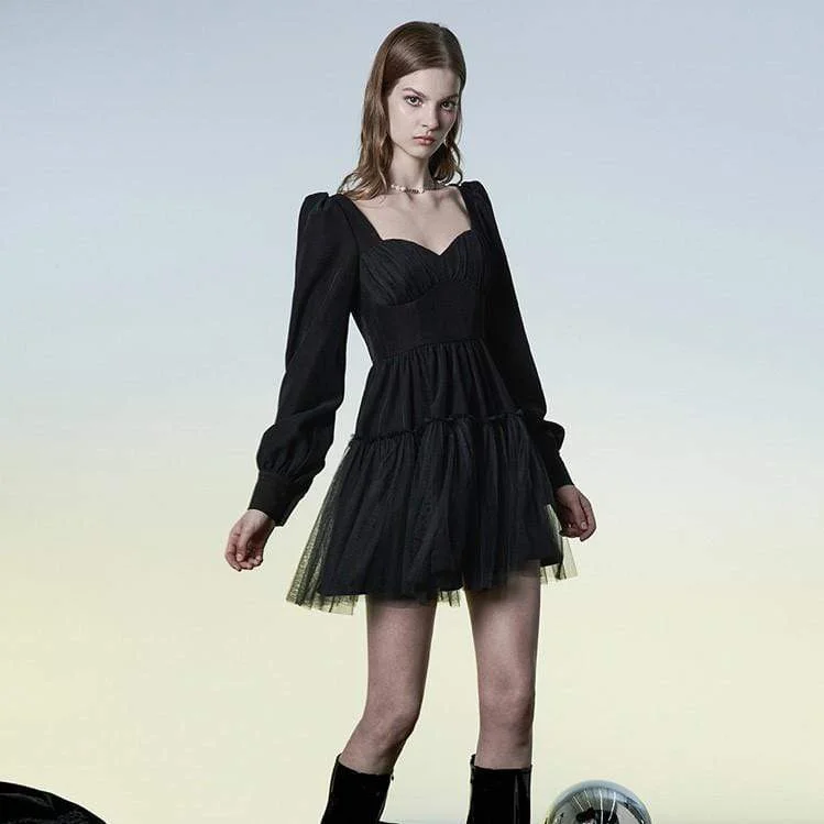 Mini Dresses in Thin Wool -Women's Punk Puff Sleeved Layered Black Dress