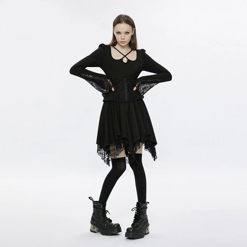 Mini Dresses in Warm Silk -Women's Punk Square Collar Flare Sleeved Black Little Dress