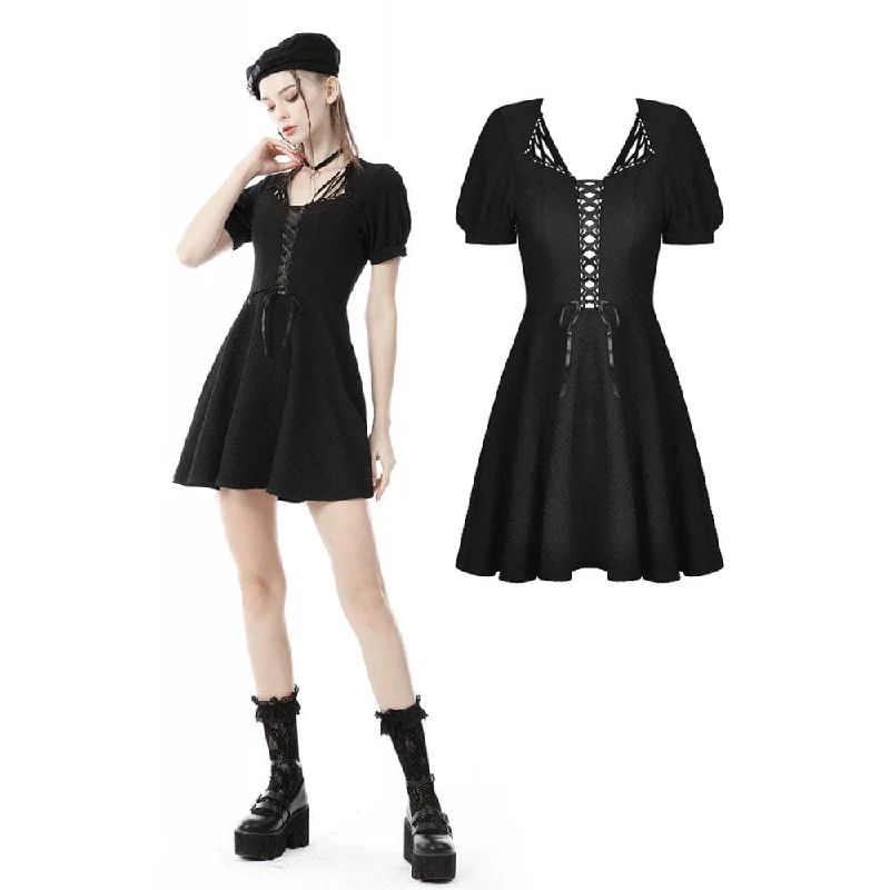 Mini Dresses in Paisley Designs -Women's Punk Square Collar Lacing-up Black Little Dress