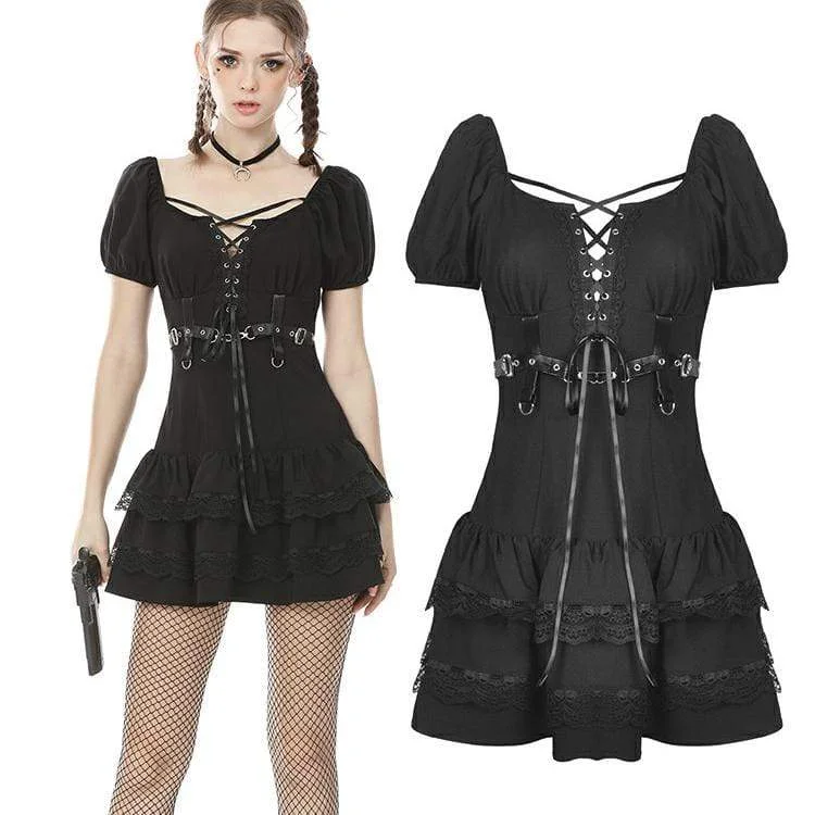 Mini Dresses with Lace Edges -Women's Punk Tooling Style Lacing Multilayer Black Little Dresses