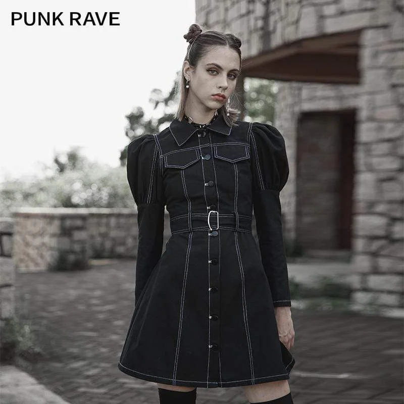 Mini Dresses in Rich Cotton -Women's Punk Turn-down Collar Puff Sleeved Dress