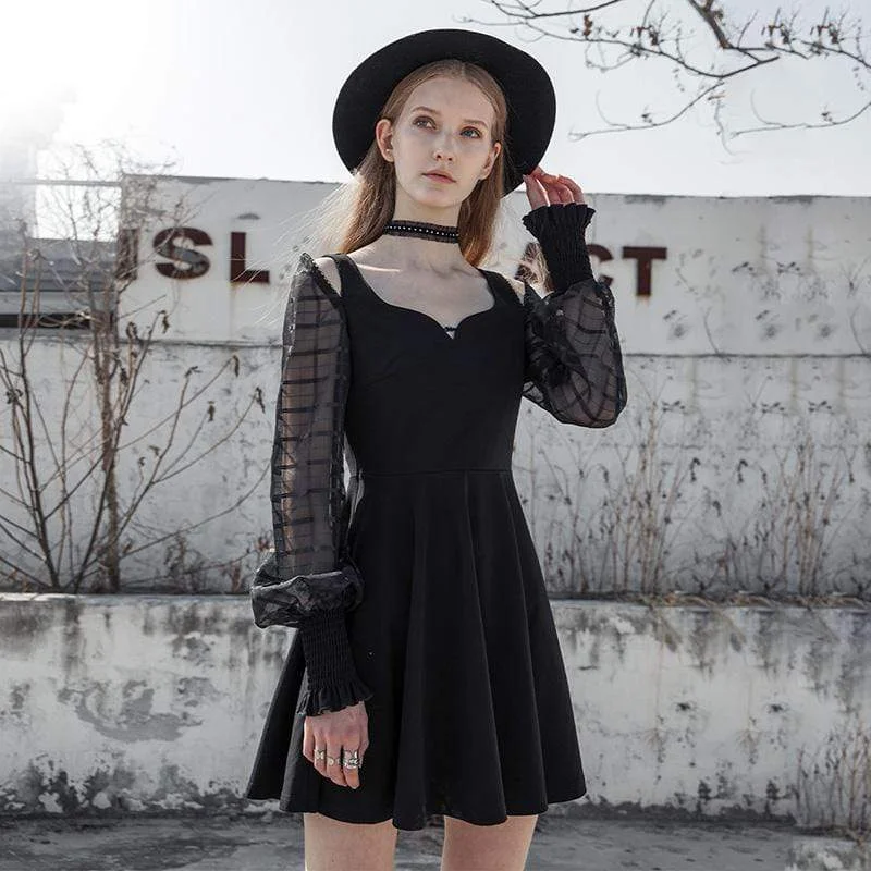 Mini Dresses in Transparent Fabric -Women's Punk V-neck Puff Sleeved Chiffon Black Little Dresses