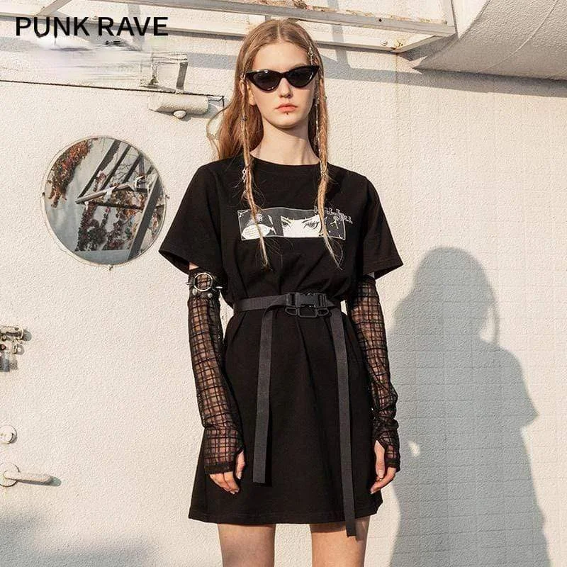 Mini Dresses with Ruffled Edges -Women's Punk Hell Girl Printed Tee Dresses with Mesh Sleeves