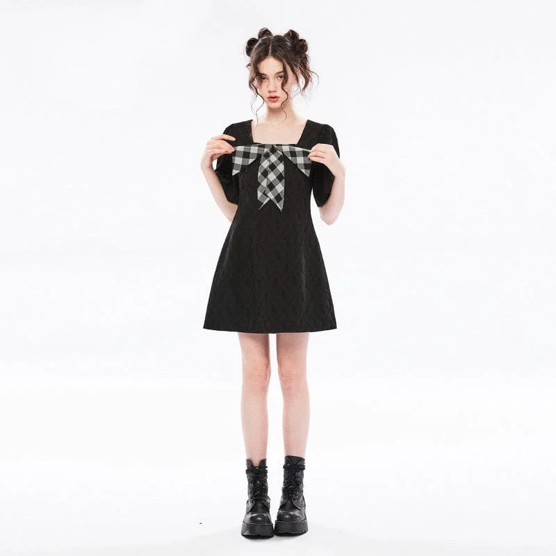 Mini Dresses with Bow Accents -Women's Vintage Black Little Dress with Big Bowknot