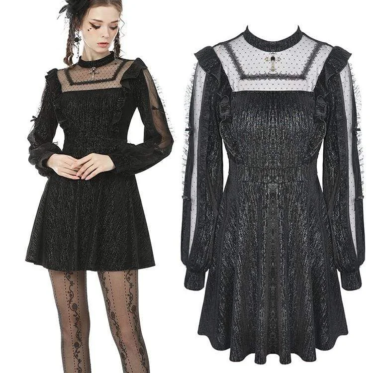 Mini Dresses with Flared Backs -Women's Vintage Gothic Square Collar Sheer Sleeve Black Little Dresses