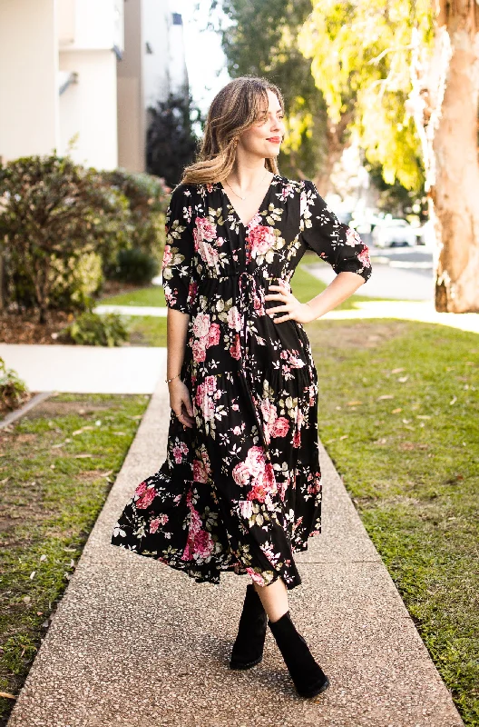 High-Neck Maxi Dresses -Silver Wishes Selma Maxi Dress Black Floral