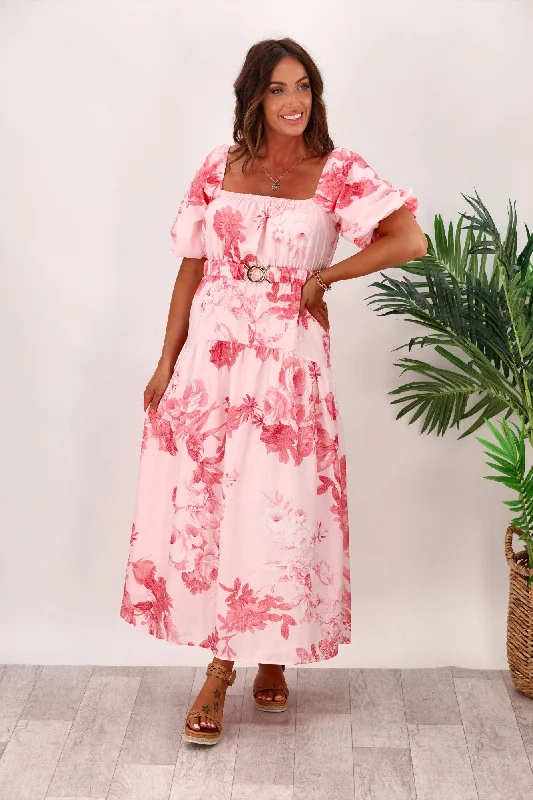 Ruffle-Hem Maxi Dresses -Style State Floral Maxi Dress With Belt White Pink