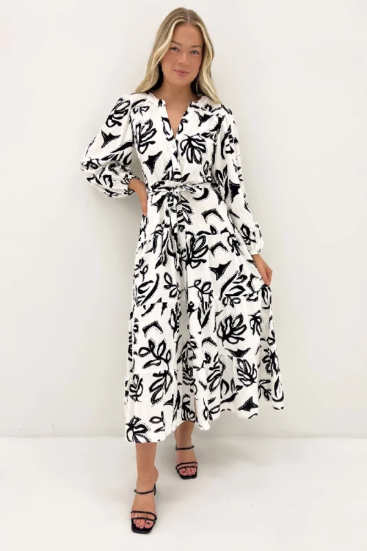 Airy Maxi Dresses for Ease -Alannah Maxi Dress White Black Leaf