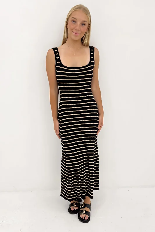 Side-Button Maxi Dresses -Alora Knit Maxi Dress Black Tan Stripe