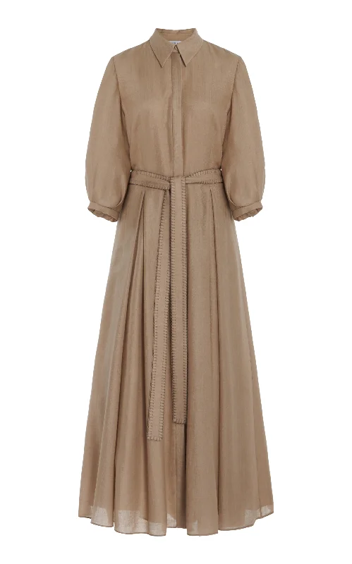 Lace-Front Maxi Dresses -Andy Pleated Maxi Shirtdress in Khaki Virgin Wool Cashmere