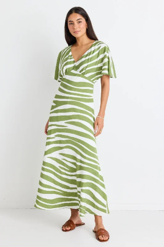 Soft-Stripe Maxi Dresses -Anticipate Green Zebra Kimono Short Sleeve Bias Maxi Dress