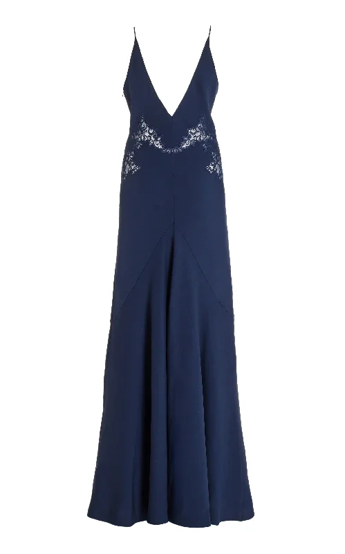 Maxi Dresses for Night Brunches -Apuleius Lace Slip Maxi Dress in Navy Silk Crepe