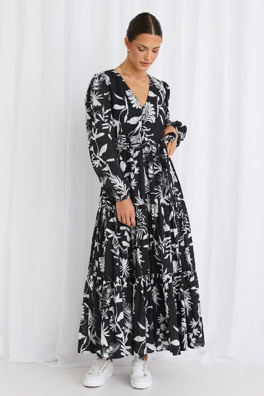 Tie-Back-Design Maxi Dresses -Aria Black & White LS V Neck Tiered Maxi Dress