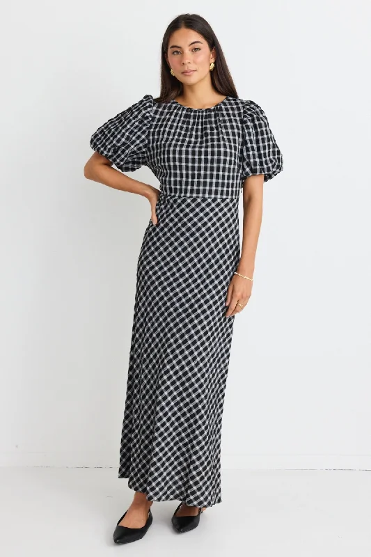 Chevron-Pattern Maxi Dresses -Astrid Black Check Puff Sleeve Bias Maxi Dress