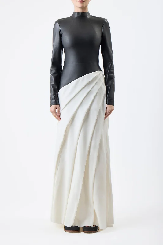 Loose-Edge Maxi Dresses -Aulay Pleated Maxi Dress in Black Nappa Leather & Ivory Cashmere Wool