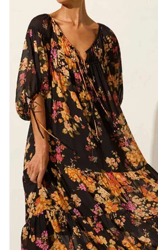 Maxi Dresses for Lake Parties -Autumn Black Floral Mid Sleeve Maxi Dress